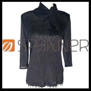 SPANNER Black Shimmery Sheer Knit Top Tie Neck Beaded Fringe (M)